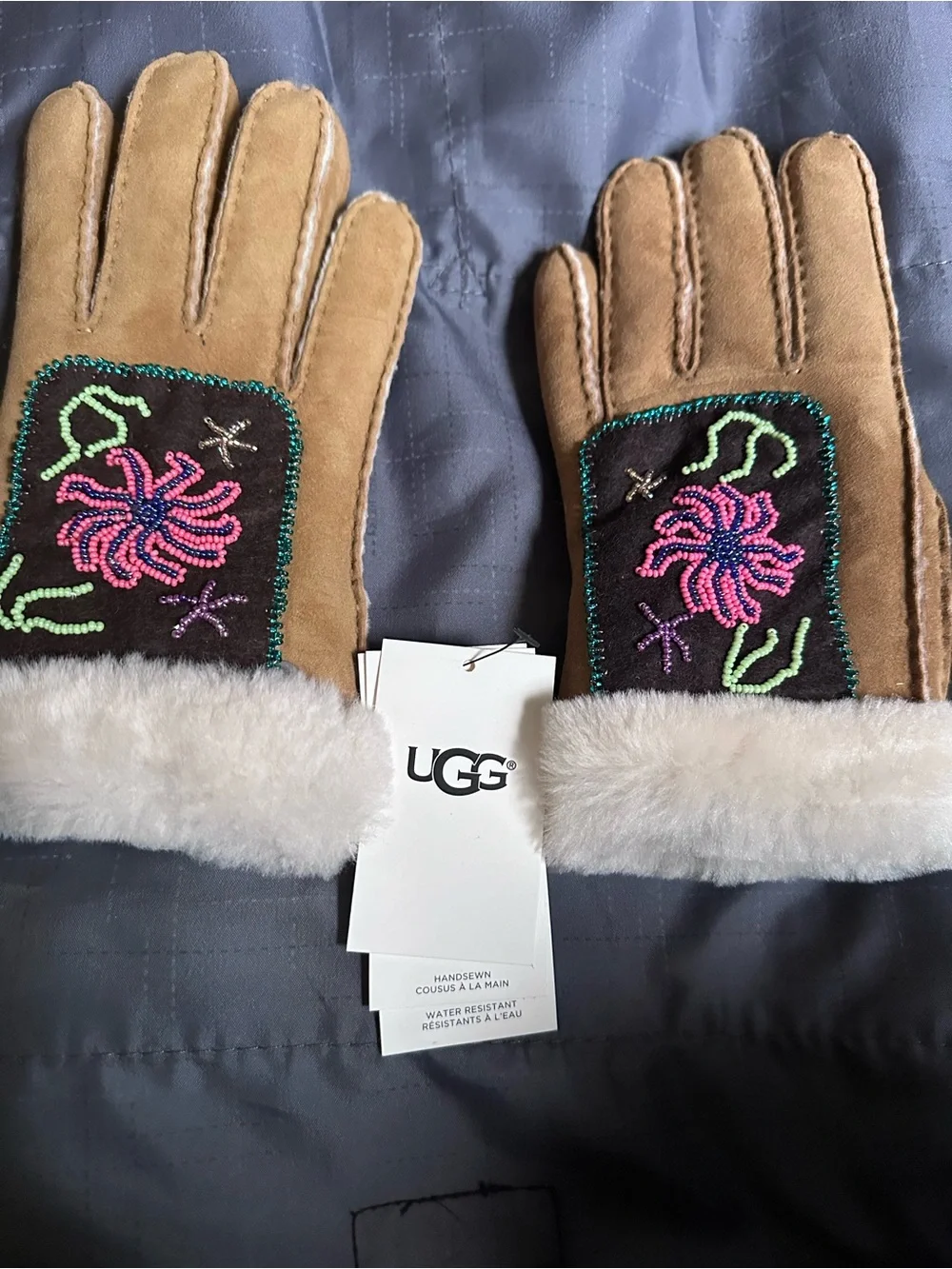 UGG Chestnut Sheepskin Gloves with Pink & Green Embroidery
